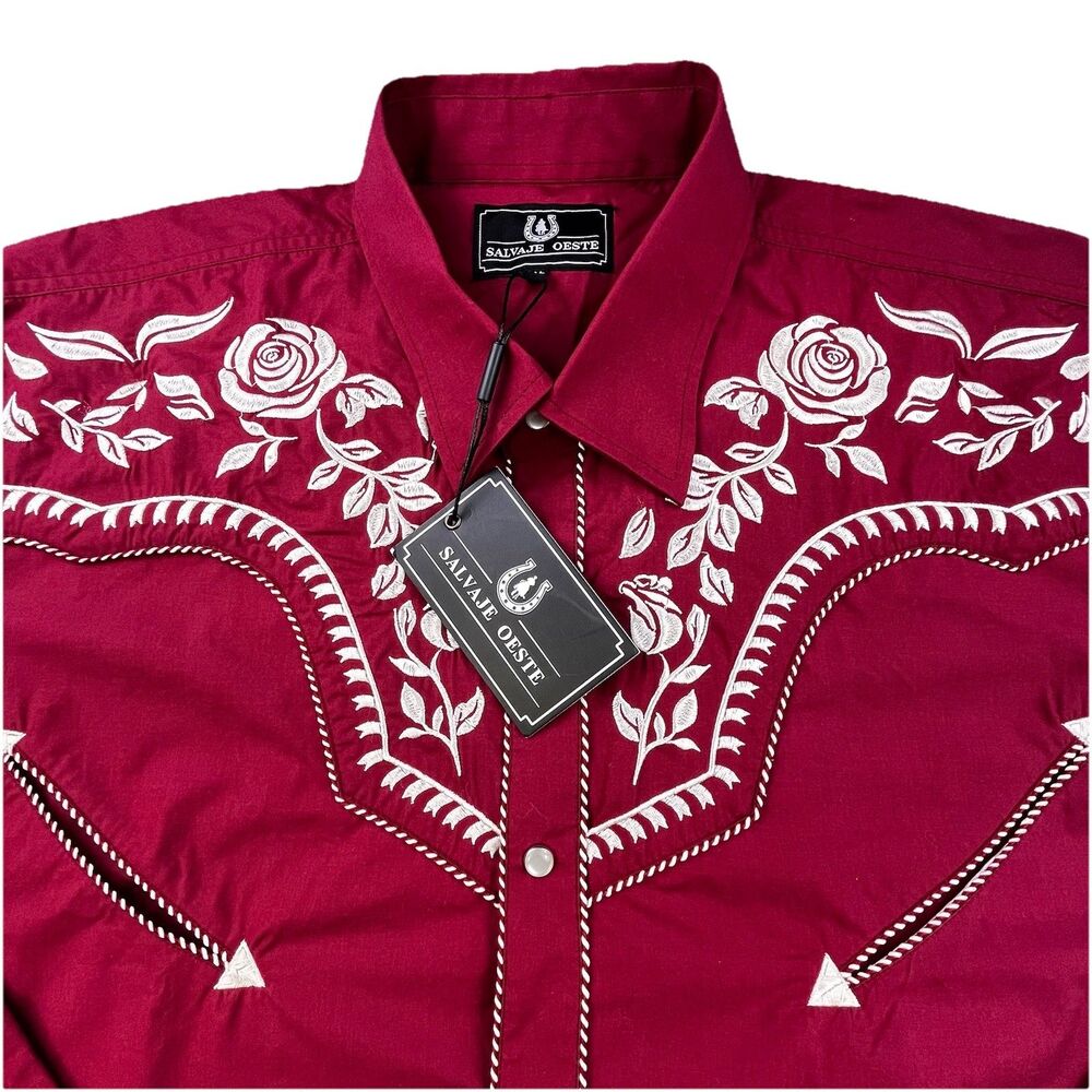 Salvaje Oeste Western Shirt Men’s 3XL Red Embroidered Floral Rose Pearl Snap NWT